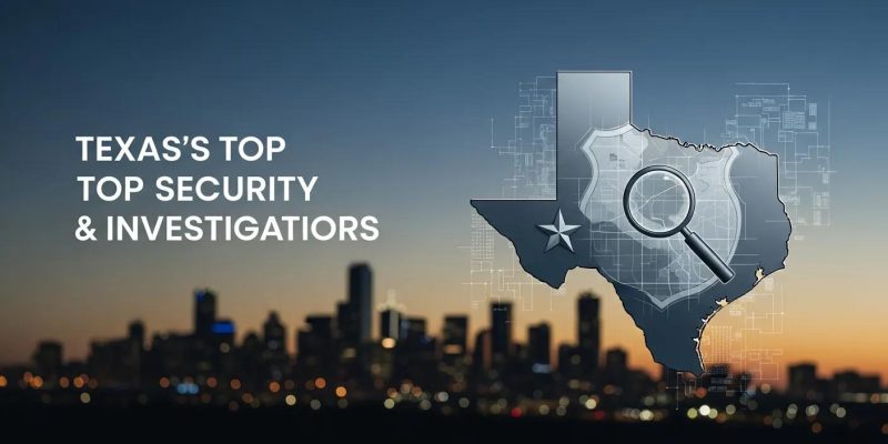 Texas map with magnifying glass and "Texas's Top Security & Investigators" text, highlighting Global Security and Investigative Services' expertise in security solutions across Texas.
