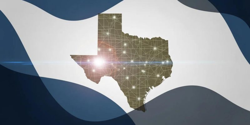 Texas map with network connections and glowing highlights, representing skip tracing services in Texas by Global Security and Investigative Services.