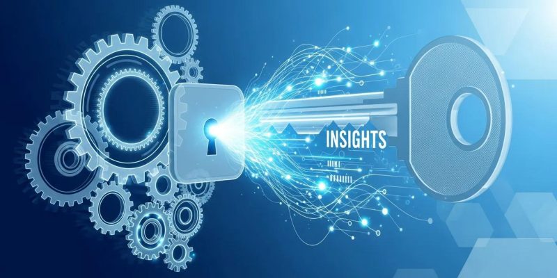 Lock and key graphic symbolizing security and insights, with gears representing background checks and investigative services.