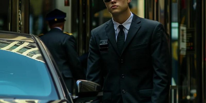 Security professional in a suit and sunglasses standing beside a luxury vehicle, representing personal bodyguard services and executive protection.