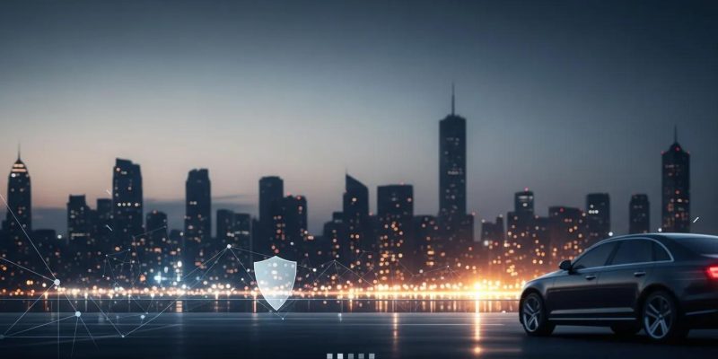 City skyline at dusk with a luxury car parked, representing executive protection and security services for VIPs.