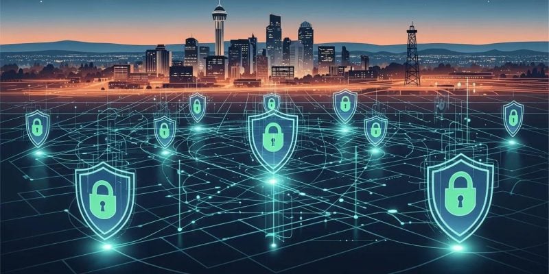 Digital security concept with glowing shields and a city skyline, representing trusted security solutions for businesses and events in Midland, Texas.