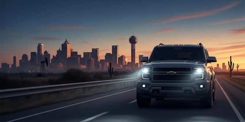 SUV driving towards Dallas skyline at sunset, symbolizing executive security and transportation services in Texas.