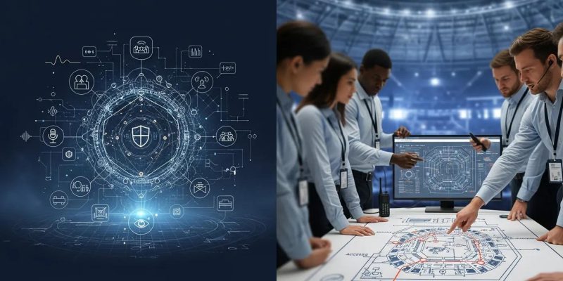 Team of security professionals analyzing event security plans and technology, with digital security graphics in the background, emphasizing strategic planning for safe gatherings.