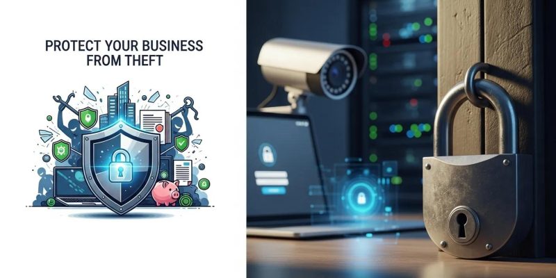 Graphic illustrating security measures with a shield, lock, and surveillance camera, emphasizing protection against theft for businesses.
