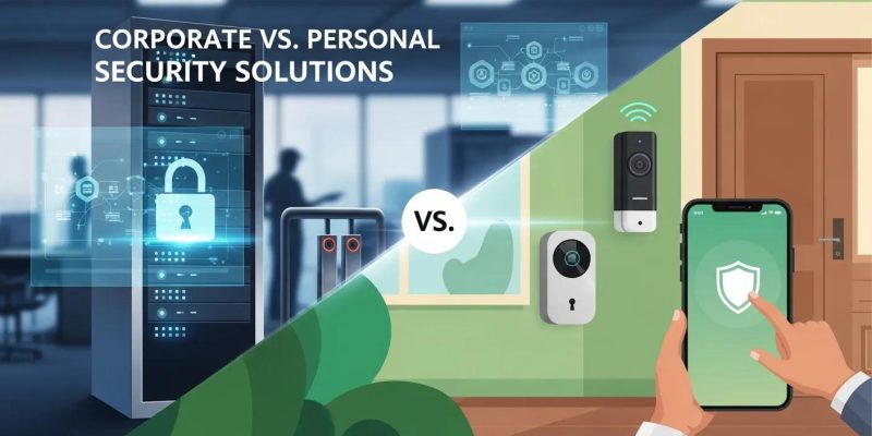 Corporate vs. personal security solutions graphic illustrating digital security systems and personal protection devices, emphasizing the differences in security approaches.