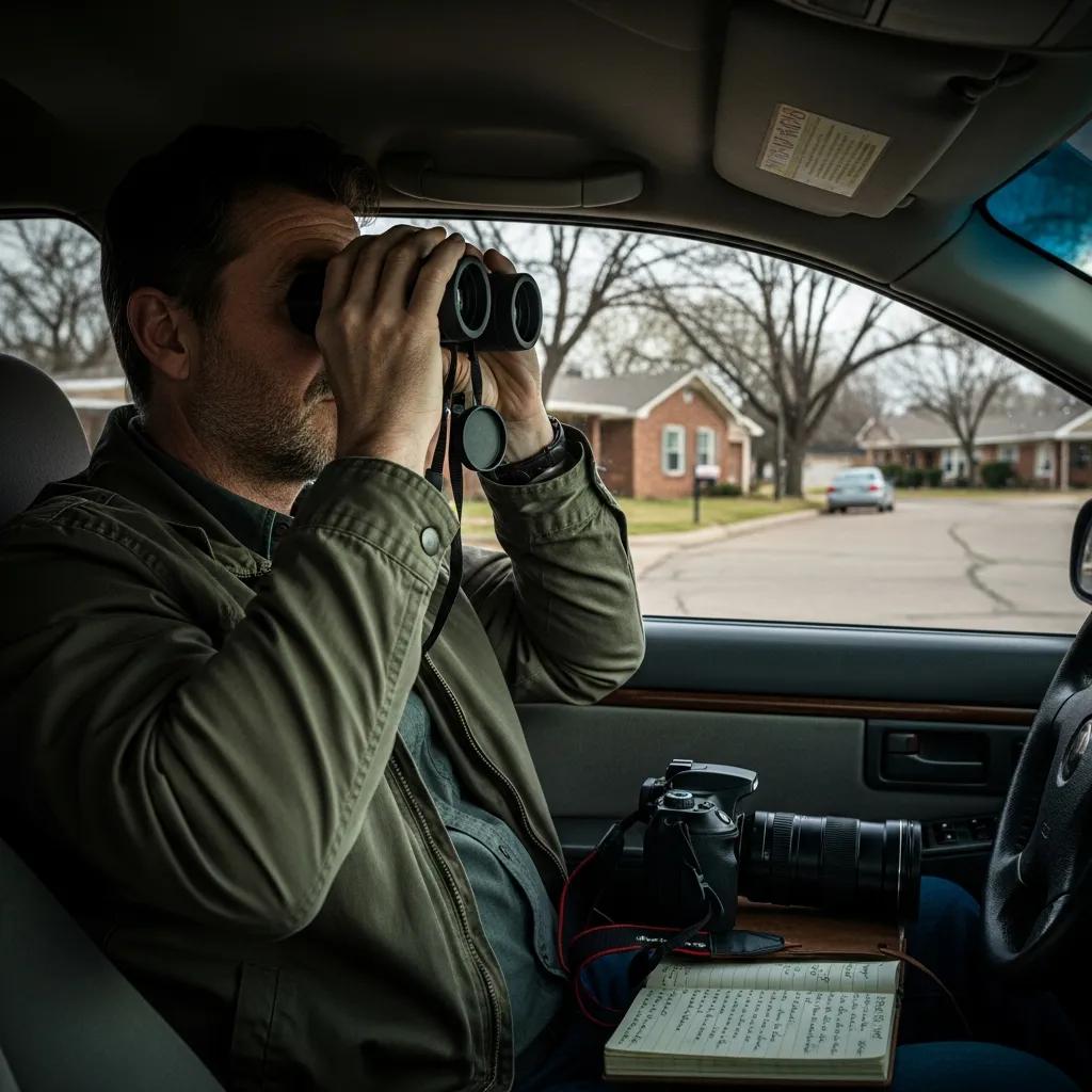 Private investigator using binoculars in a car, conducting surveillance in Midland, Texas, with a camera and notebook for documentation.