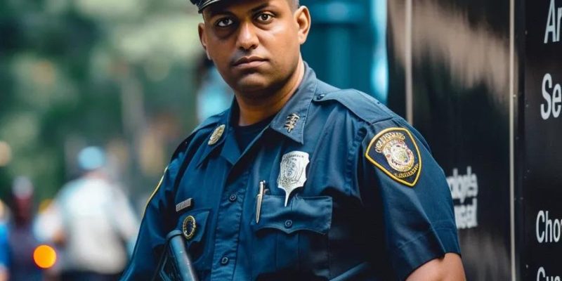 Armed security guard in uniform standing confidently, emphasizing professional security services for safety and protection.