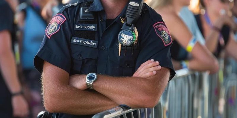 Security guard in uniform overseeing an event, emphasizing professional safety and protection services.