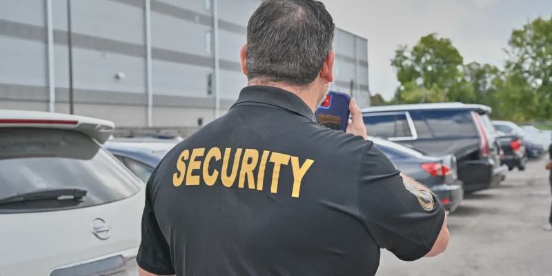 Security guard monitoring vehicles in a parking lot.