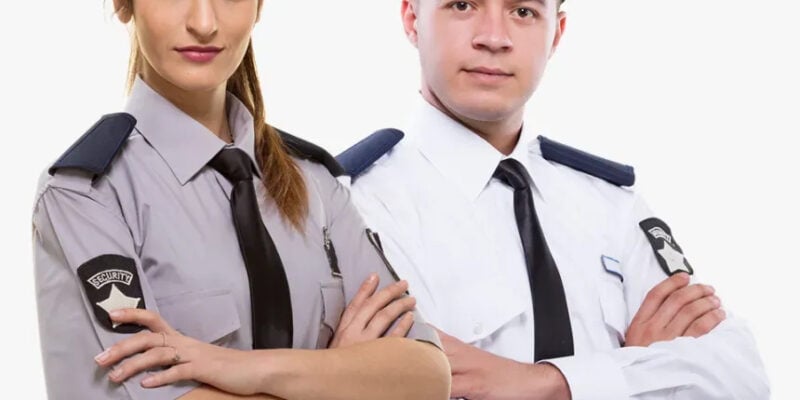 Two security personnel standing confidently with arms crossed, wearing uniforms and hats.