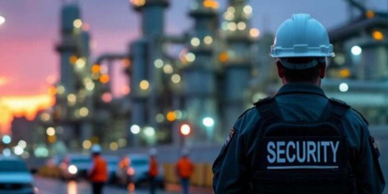 ### Key Elements

- **Main Subject**: Security personnel in a uniform with a helmet.
- **Setting**: Industrial facility, likely a refinery or chemical plant.
- **Notable Features**: 
  - Security vest with "SECURITY" prominently displayed.
  - Industrial structures with lights in the background.
  - Wet ground reflecting lights, indicating recent rain.
- **Color Palette**: Warm hues from the sunset contrasted with the cooler tones of the industrial setting.
- **Mood/Theme**: The image conveys a sense of vigilance and security in a dynamic industrial environment, highlighting the contrast between safety and the bustling activity of the facility.