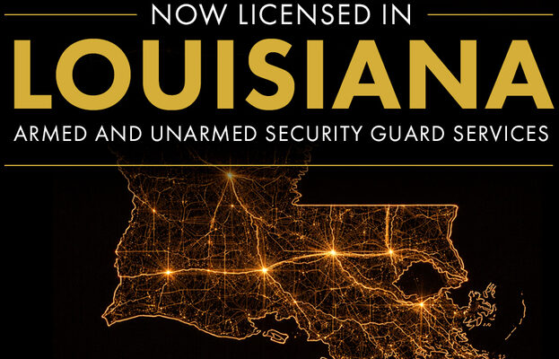 Promotional graphic announcing that Global Security and Investigative Services LLC is now licensed in Louisiana for armed and unarmed security guard services, featuring a glowing map of Louisiana and license number #PSE-26-CO-003.