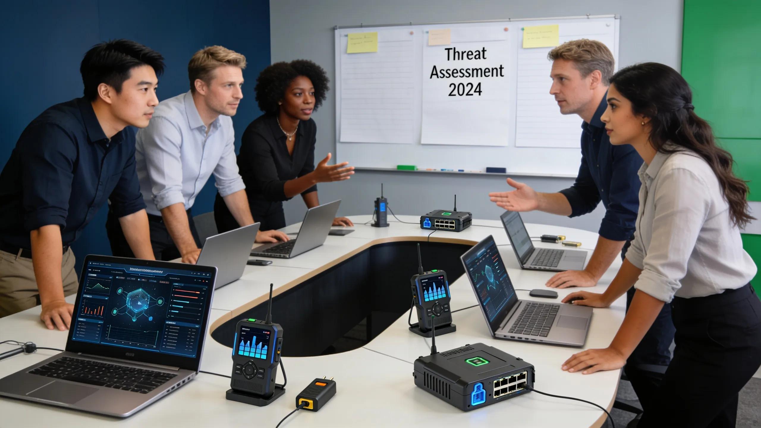 Team conducting a security risk assessment discussion, focusing on executive threat evaluation methods