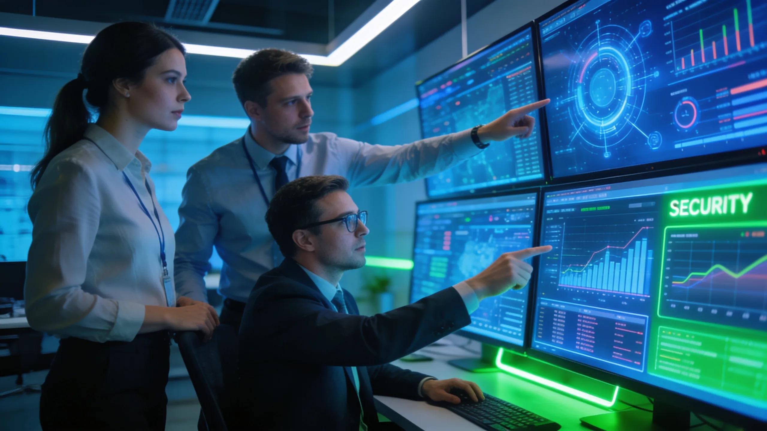 Corporate team using AI technology for threat prediction, emphasizing advancements in executive security management