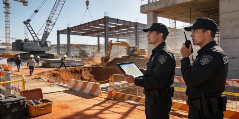 Security guards monitoring a construction site with advanced technology, showcasing the importance of safety measures