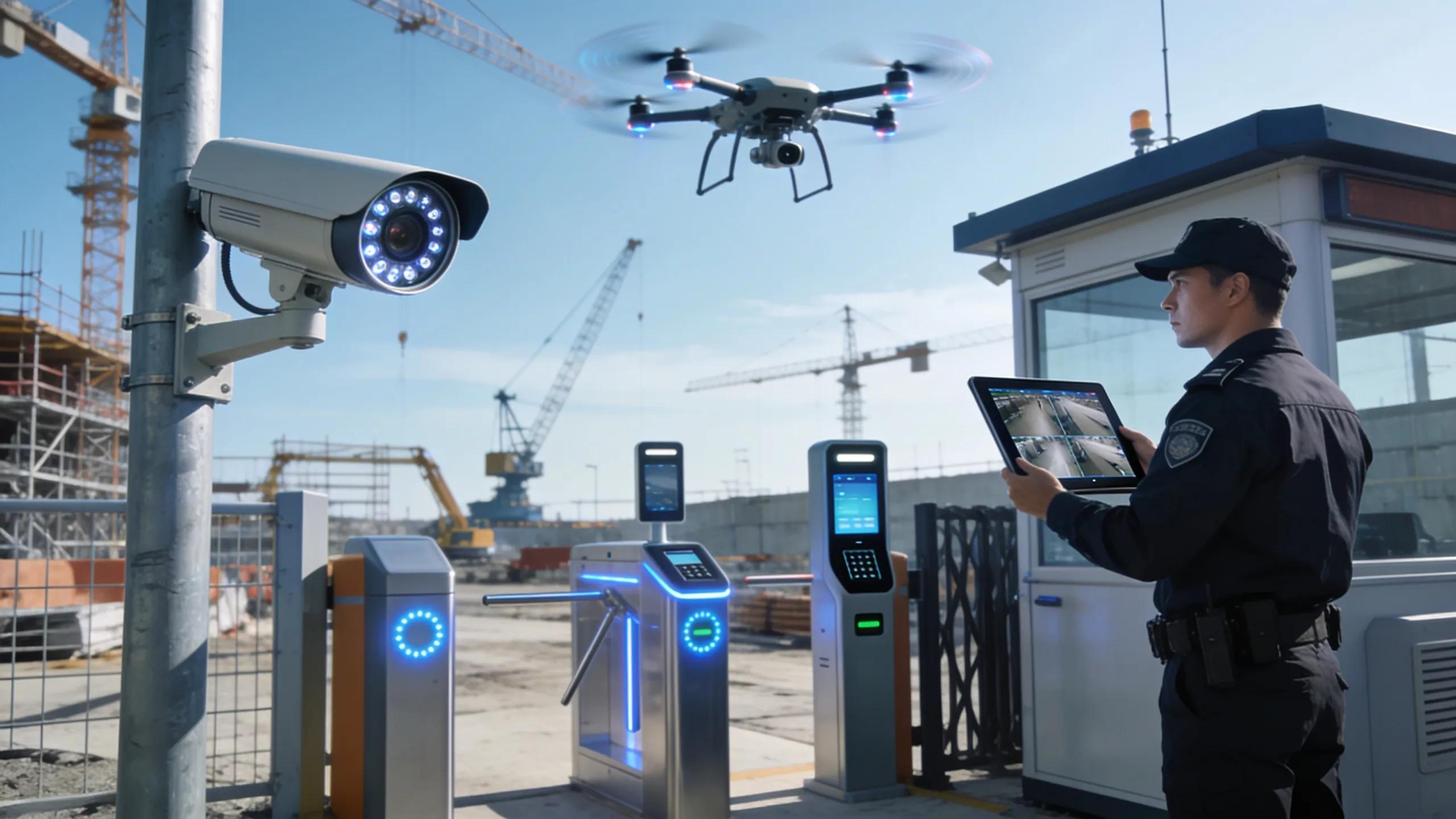 Construction site security with drone surveillance, CCTV cameras, and guard monitoring access control.