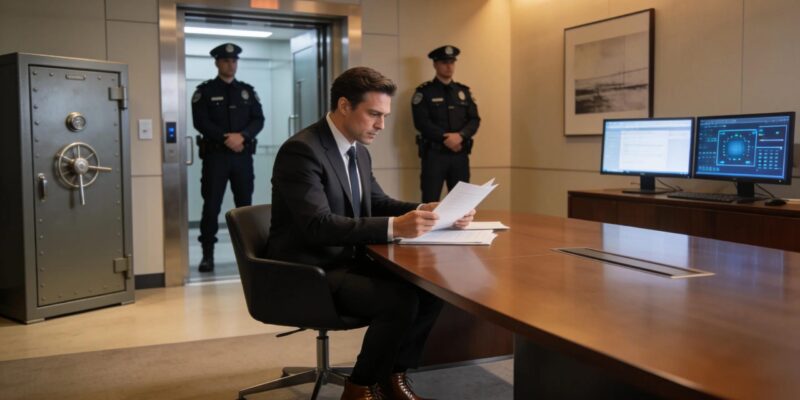 Corporate executive in a secure office setting, highlighting the importance of executive security threat evaluation