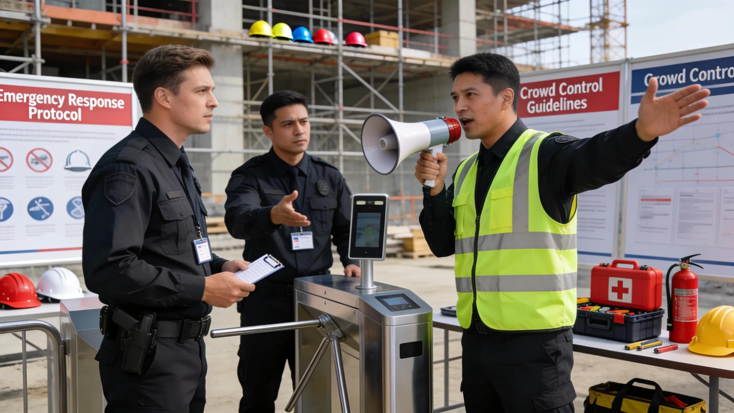 Construction site security guards managing crowd control and access with megaphone and facial recognition technology.