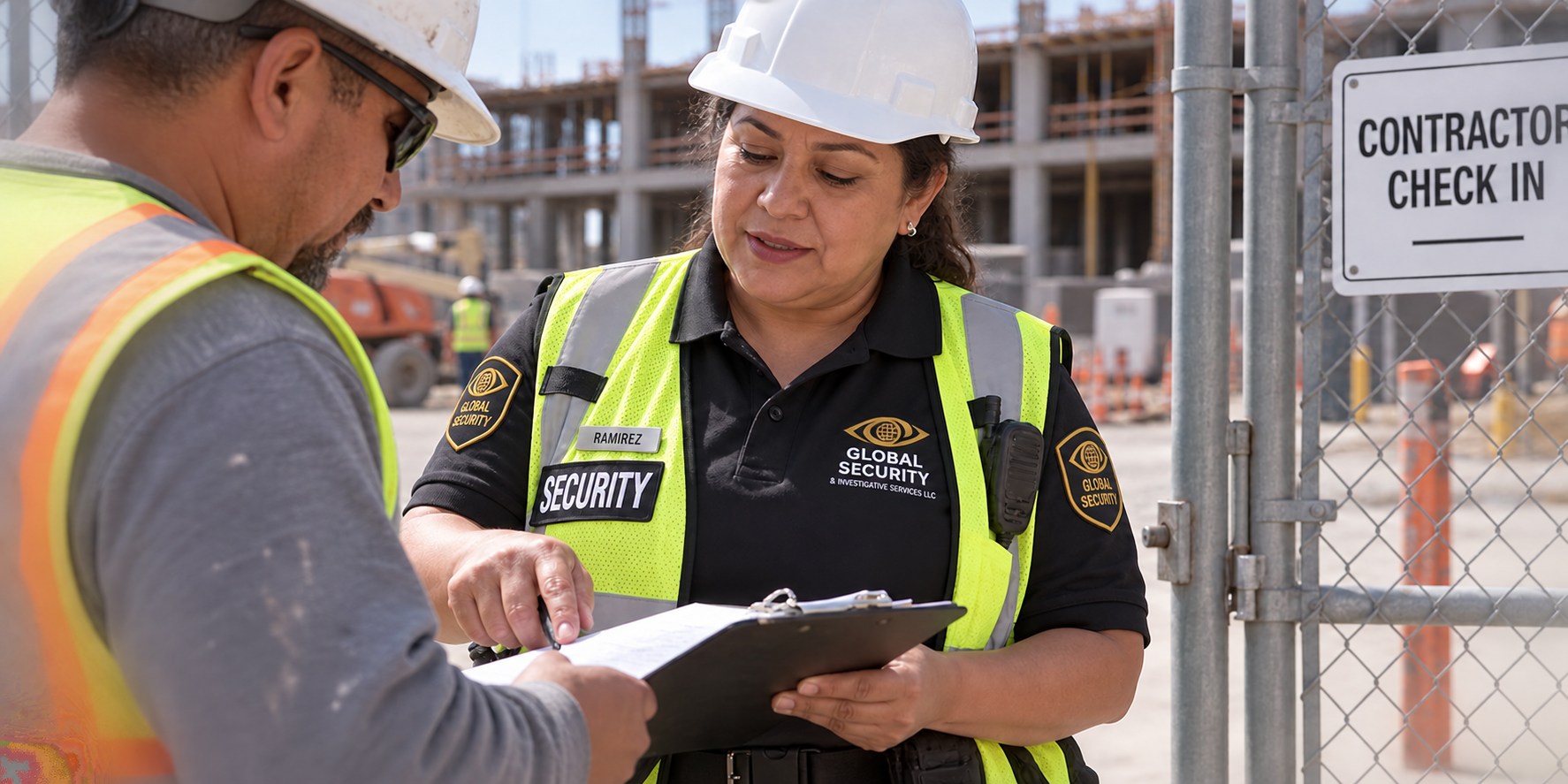 Global Security officer with sleeve patches and nameplate checking construction site access