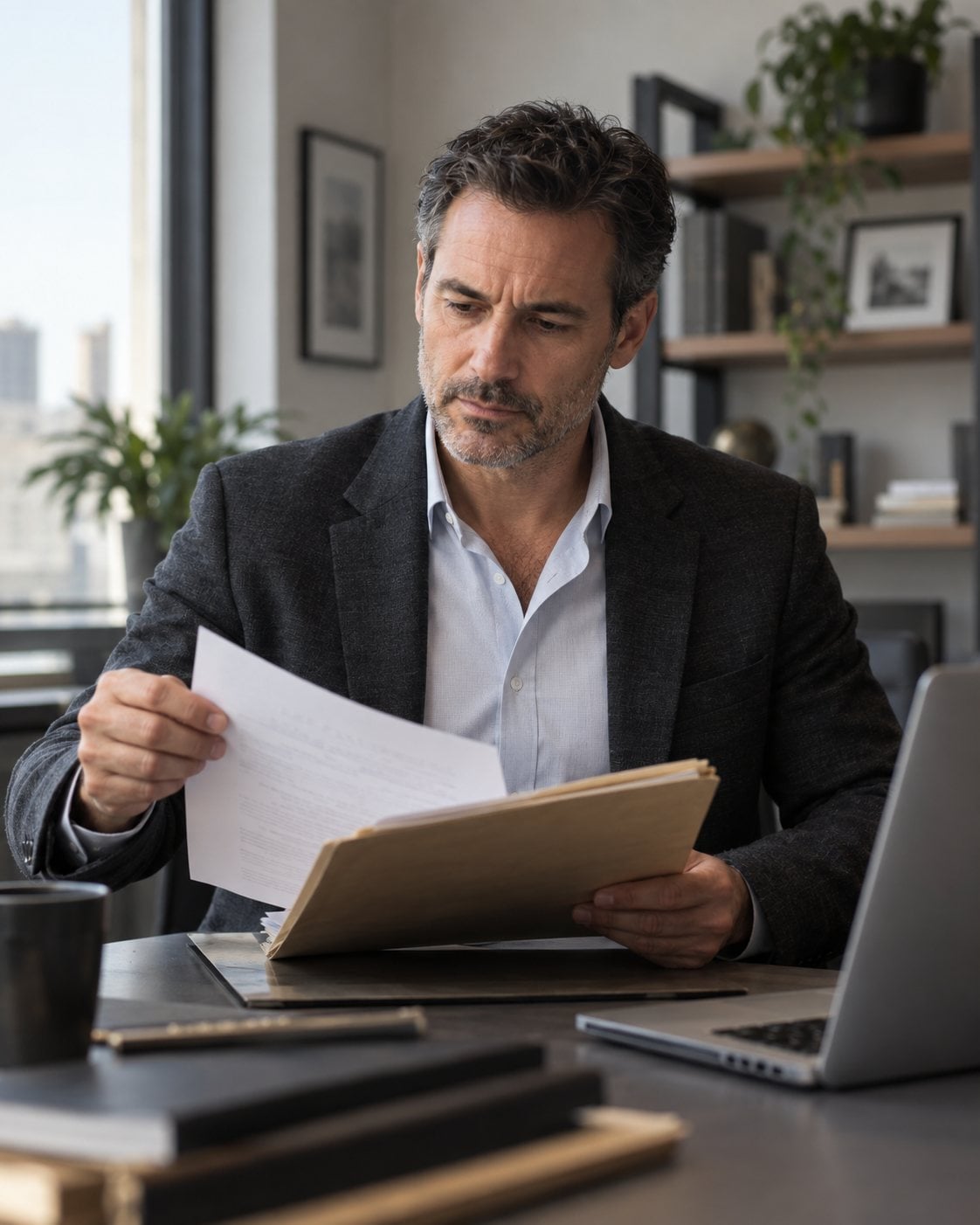 Private investigator reviewing case documents at an office desk