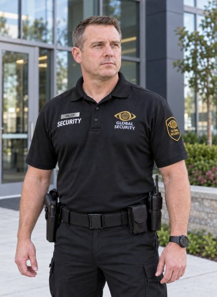 Professional armed security guard with Global Security sleeve patches and metal nameplate