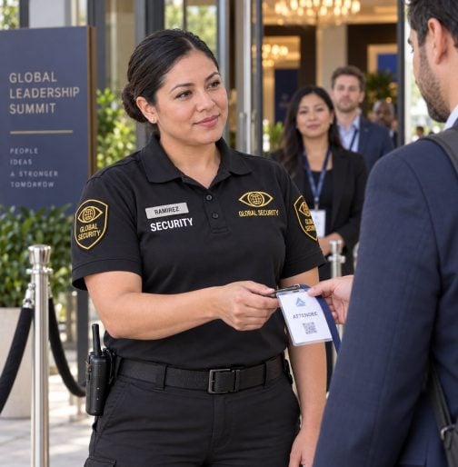 Global Security event guard checking an attendee pass at a venue entrance