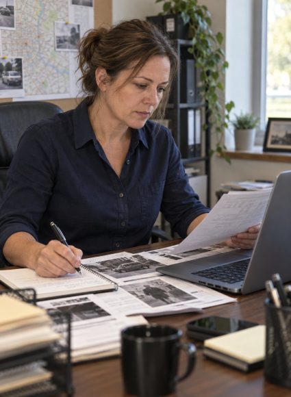 Private investigator comparing case records and taking notes at her desk