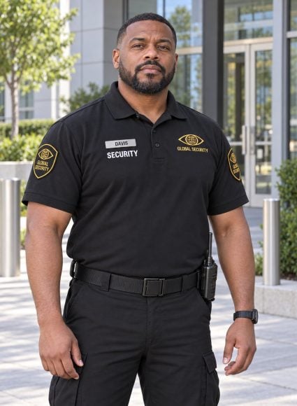 Professional security guard in a Global Security polo uniform with sleeve patches and a metal name tag