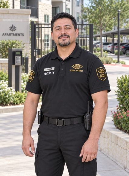 Unarmed Global Security guard at an apartment complex entrance wearing sleeve patches and a metal nameplate